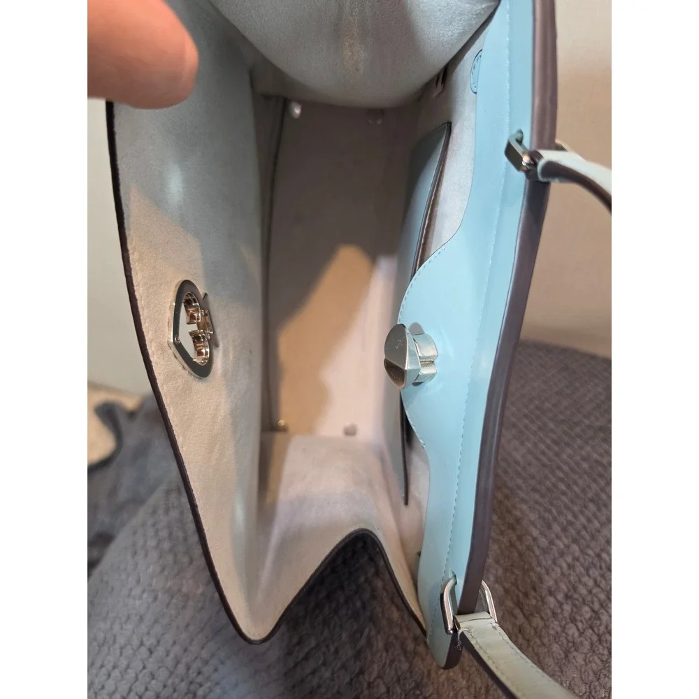 Kate Spade Nicola Twistlock Satchel Light Blue Pebbled Leather Handbag Silver HW